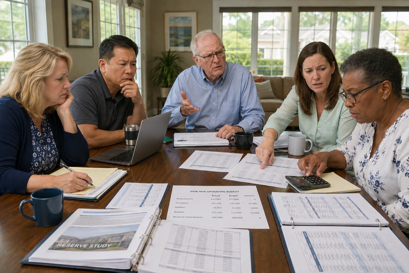 A volunteer HOA board reviewing an operating budget and reserve study around a table