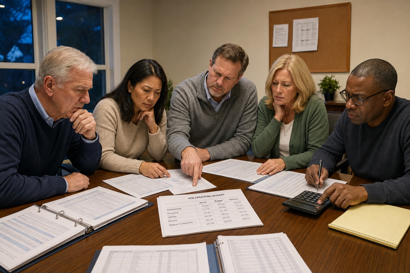 An HOA board around a clubhouse table at night, working through financial statements