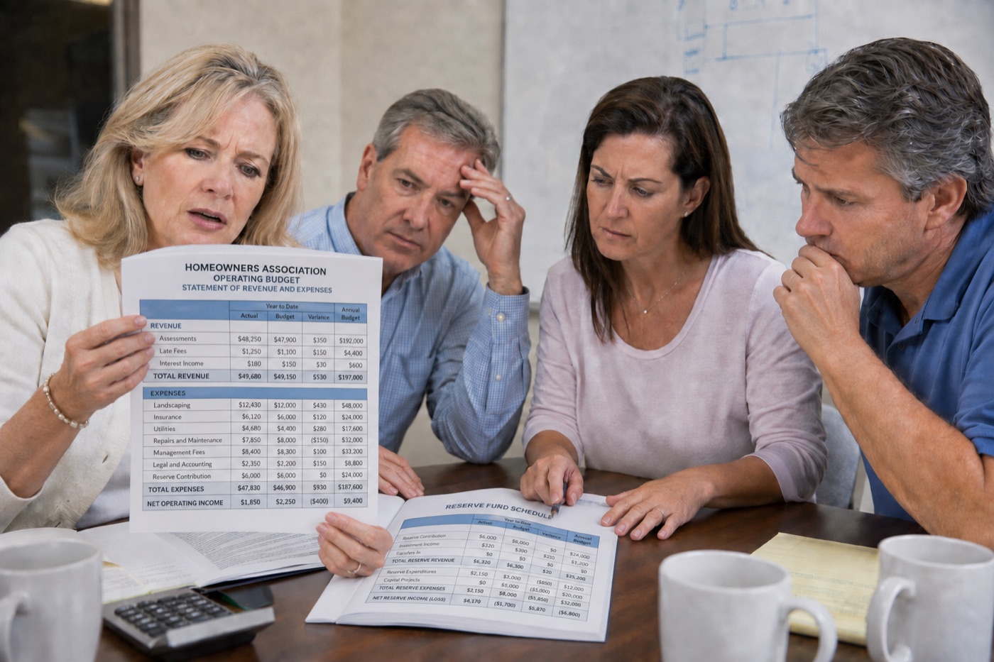 Four board members studying an HOA operating budget with concern